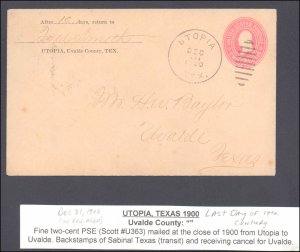 Uvalde County Utopia Postmark Last Day of 19th Century ( Postal History ), 1900