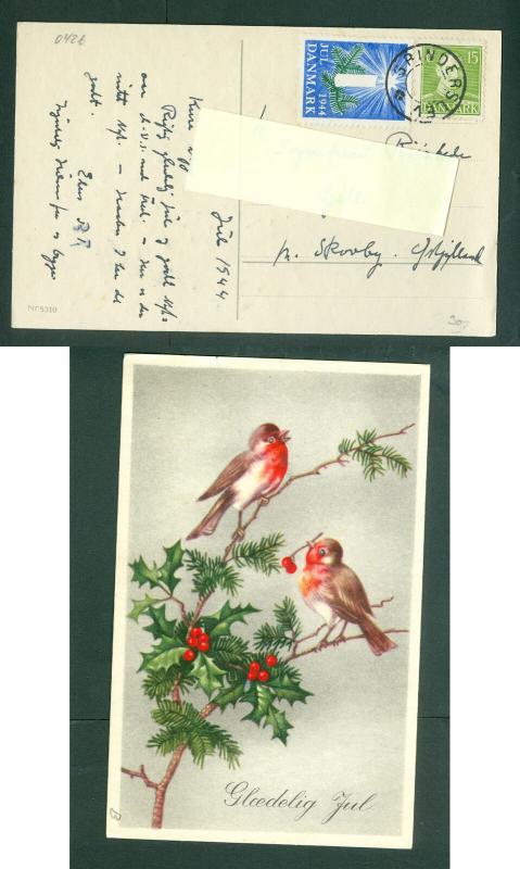 Denmark. Christmas Card 1944 With Seal + 15 Ore.Birds. Star Cancel Grinderslev