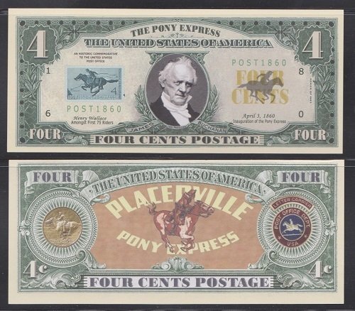 Novelty Currency Featuring US Postage Stamps, 2 each of 5 Different = 10 bills