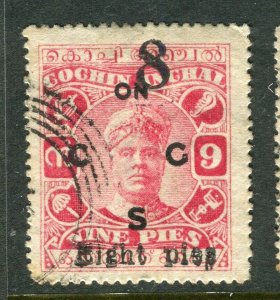 INDIA; COCHIN 1923-24 early surcharged issue ' 8p. ' used value as SGO21