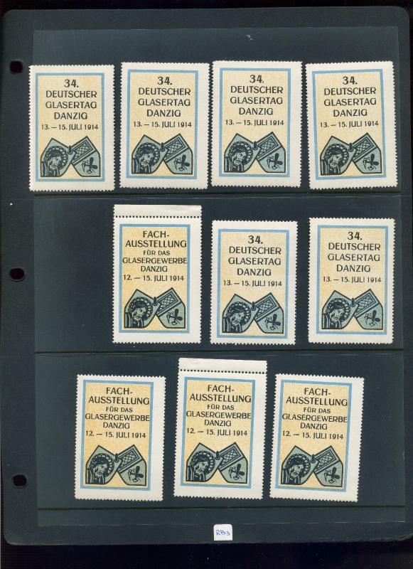 10 VINTAGE 1914 GERMAN GLASS DAY EXPO POSTER STAMPS (L786) DANZIG GERMANY