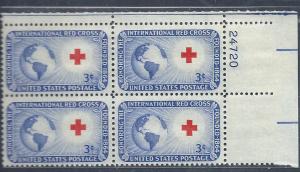 US #1016  Red Cross  Plate Block of 4 (MNH) CV $0.40