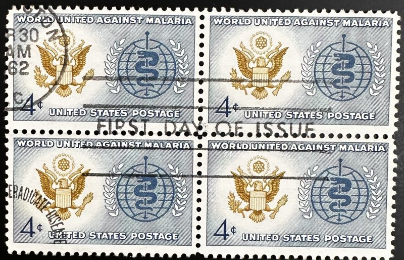 US #1194 Used F/VF Block of 4 w/FD Cancel - 4c Malaria Issue 1962 [BB276]