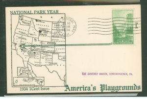 US 740 1934 1c Yosemite part of the National park series on an addressed hand stamp post card with a covered wagon cachet