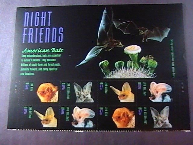 U.S.# 3661-3664(3664a)MINT/NH-PLATE# BLOCK OF 8-WITH LABEL--AMERICAN BATS --2002