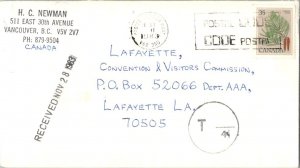 Canada 35c White Pine 1983 Postes Canada Post, V6B 3A0 to Lafayette, La.  Sho...