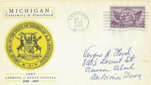 1935 FDC, #775, 3c Michigan 100th, Linprint