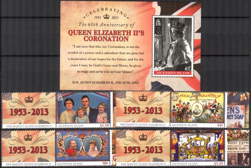 Ascension 2013 60 Years of Coronation Queen Elizabeth II Set 4 Labels + S/S MNH
