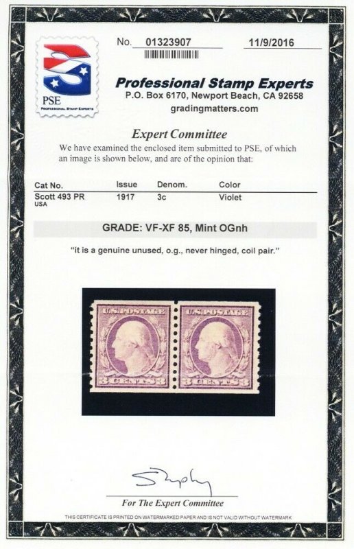 493, Mint NH VF/XF NH Coil Pair With PSE Graded 85 Certificate - Stuart Katz
