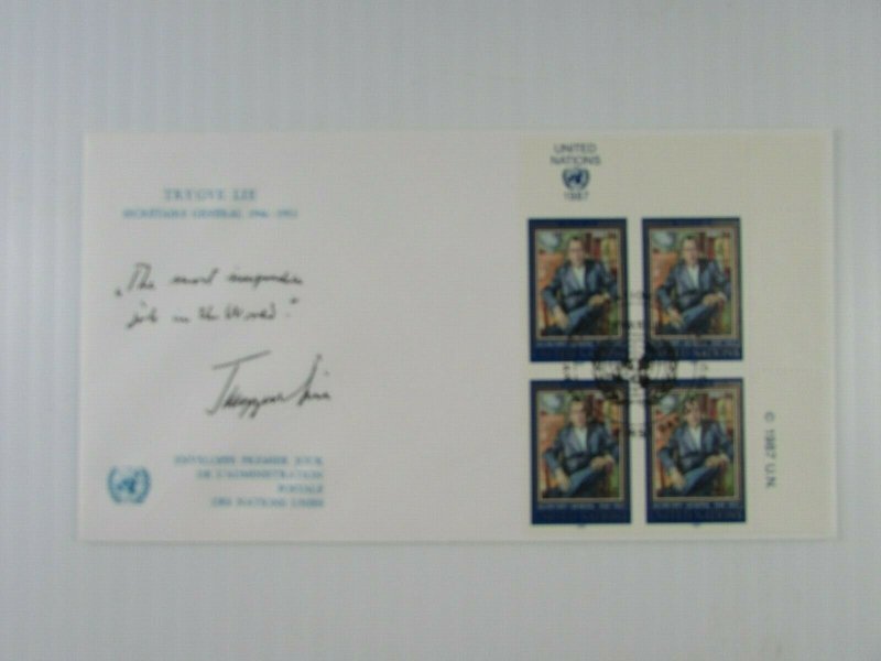 1987 UN 3 signed Trygve Lie FDC's Secretary General  CDS corner blocks