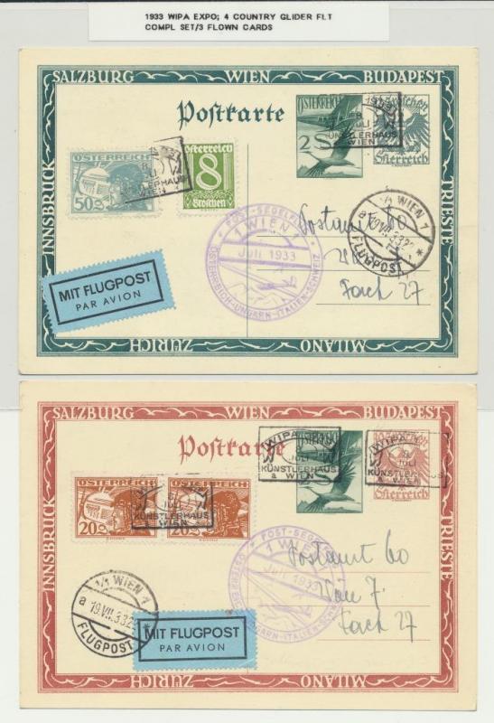 AUSTRIA 1933 WIPA EXPO 4 COUNTRY GLIDER FLOWN CARDS COMPLETE SET OF 3(SEE BELOW)