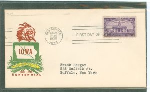 US 838 1938 3c Iowa Centennial on an addressed first day cover with a Gundel cachet.