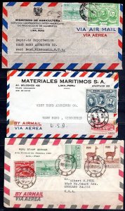 PERU US 1950's THREE AIR MAIL COVERS LIMA TO CHICAGO & TO WEST BEND,WIS. ATTRACT