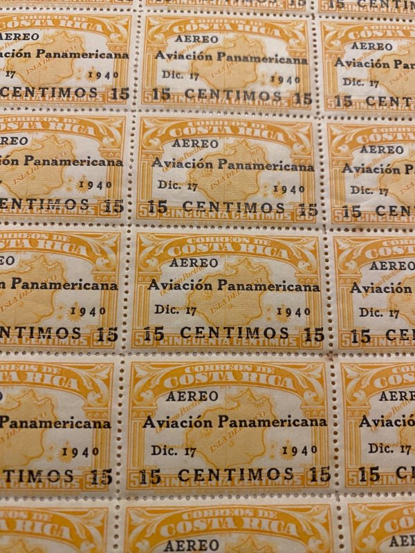 Costa Rica Airmail Stamp, 1940, SC#C55, MNH OG Sheet Of 100, 15c On 50c