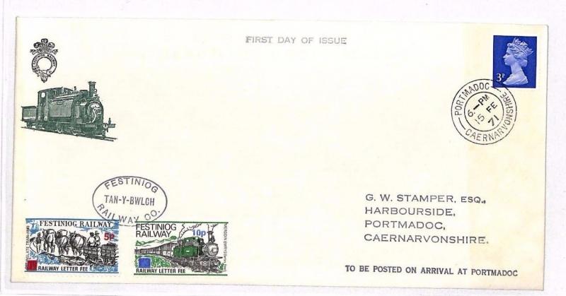 HH191 1971 GB WALES Porthmadog Bath Machin Festiniog RAILWAY STAMP Cover 