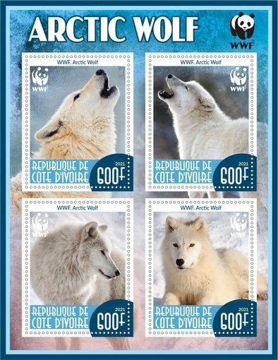 Stamps. Fauna Animals WWF Wolves  1+1 sheets perforated 2021 year Ivory Coast