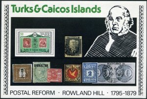 Turks & Caicos 396a sheet, MNH. Mi Bl.16. Sir Rowland Hill 1979. Stamps, Ships.