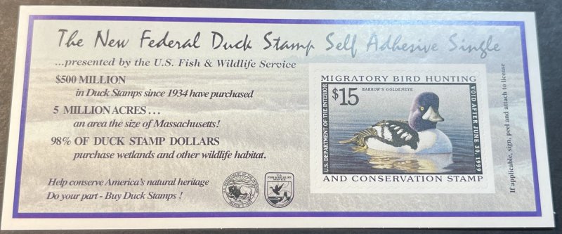 U.S.# RW65A-MINT/NEVER HINGED---FEDERAL DUCK STAMP/SELF ADHESIVE PANE-----1998