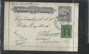 CHILE  (PP1104B)  1910 POSTAL LETTER CARD 5C COLUMBUS UPRATED 1CX 10 TO CHILE 