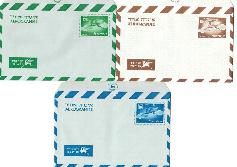 ISRAEL 1950's 3 x Airmail Aerogrammes 120pr -150pr-180pr, Unused Mint