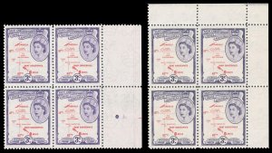 St Kitts-Nevis 1954 QEII 3c in the two listed shades in blocks MNH. SG 109,109a.