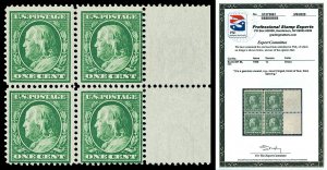 Scott 357 1909 1c Franklin Blue Paper Mint Block/4 3mm Spacing Cat $750 PSE CERT