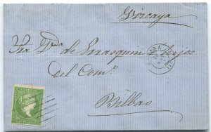 1862 cover from Havana to Bilbao  with rare postal forgery of 1855 1 real green