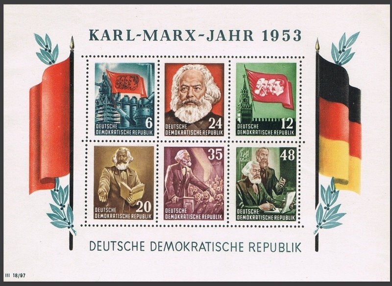 Germany-GDR 144a, 146a perf, imperf. Michel Bl.8A-9A, 8B-9B. Karl Marx, 1953.