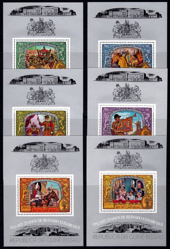 Guinea-Bissau 1977 Mi#BL.69A/74A SILVER JUBILEE Q.E.II 6 Deluxe Perforated MNH