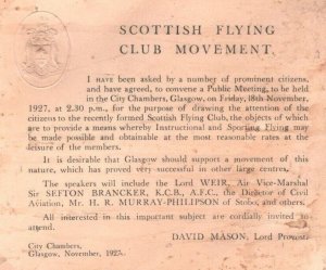 GB SCOTLAND Pioneer Aviation SCOTTISH FLYING CLUB 1927 Card Meeting MAL472 