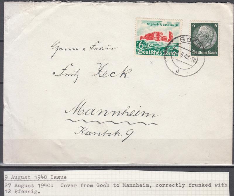 Germany - 27.8.1940 Helgoland stamp on cover Goch - Mannheim (2011)