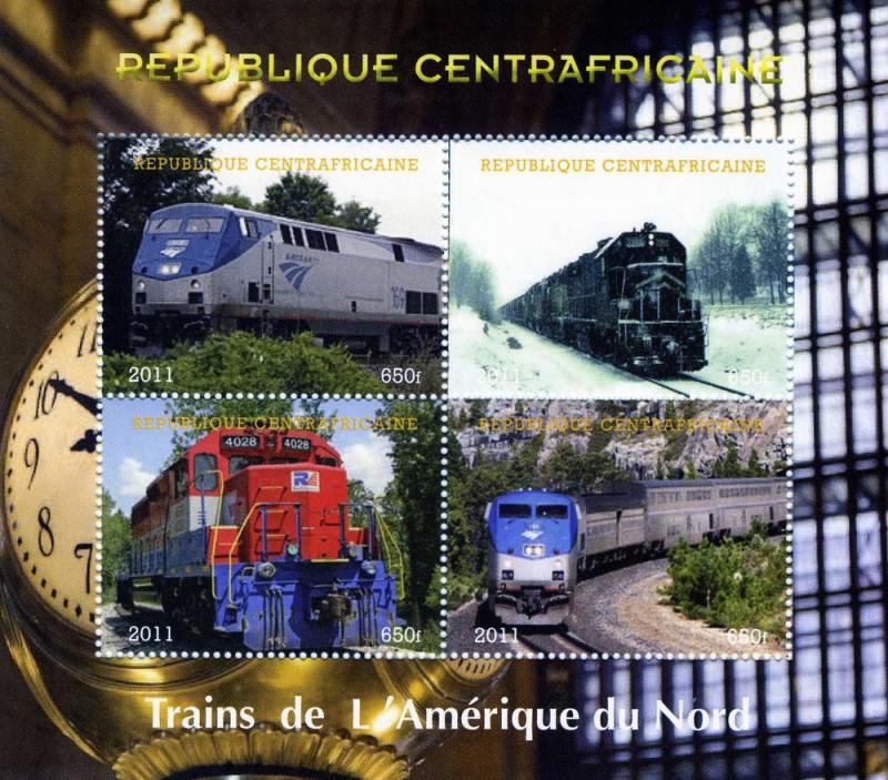 Central African Republic 2011 NORTH AMERICAN Trains Sheet (4) Perforated mnh.vf