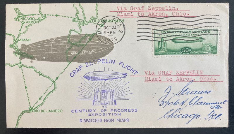 1933 Miami FL USA LZ 127 Graf Zeppelin Flight cover To Century Of Progress C18