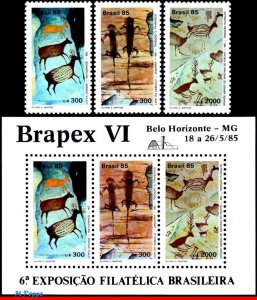 1998-2000A BRAZIL 1985 CAVE PAINTING, ROCK ART, BRAPEX VI, DEER, S/S AND SET MNH