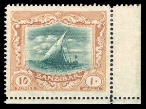 Zanzibar 1914 'Dhow' 10r green & brown MLH. SG 275. Sc 155.