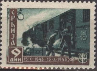 Serbia 2N44 (mh) 9d mail train, dk blue grn & sepia (1943)