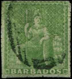 Barbados SC# 10 SG# 13 Britannia (1/2d) pin perf 14 Used