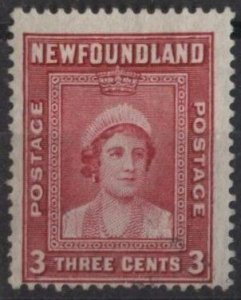 Canada: Newfoundland 246 (used) 3c Royal visit, Queen Elizabeth, dk car (1938)