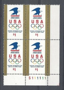US Scott # 2539 $1.00 US Olympic Team With Postal Eagle Plate Block of 4 MNH