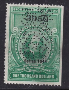 US Stamp Revenue RD185 1944 $1,000 Perfin Cancel - $400 cv