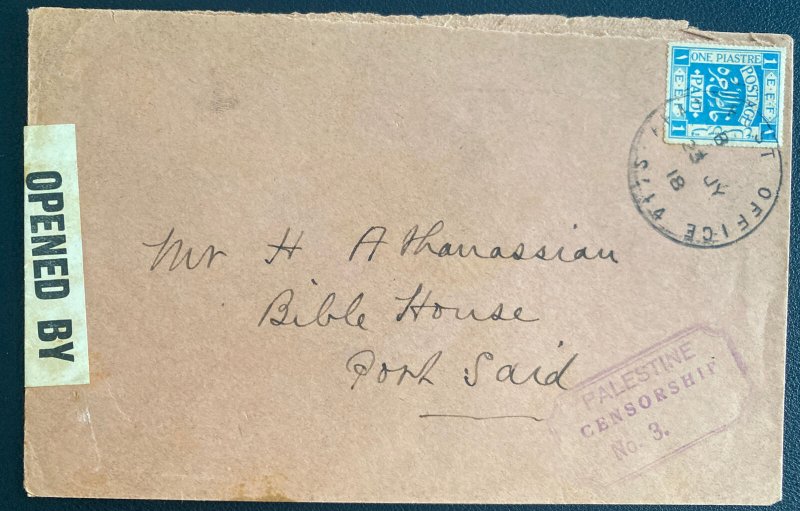 1918 Army Post Office Palestine Censored Cover To Bible House Port Said Egypt