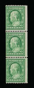 GENUINE SCOTT #385 MINT OG NH 1910 GREEN PERF-12 SL-WMK COIL STRIP OF 3 #6988