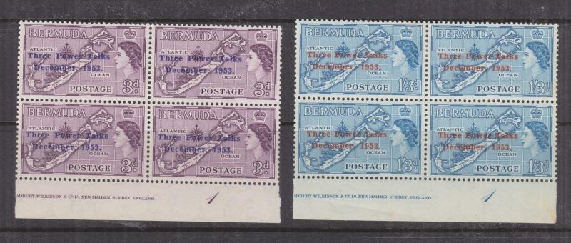 BERMUDA, 1953 THREE POWERS TALKS overprint pair, Pl. # blocks of 4, mnh./lhm.