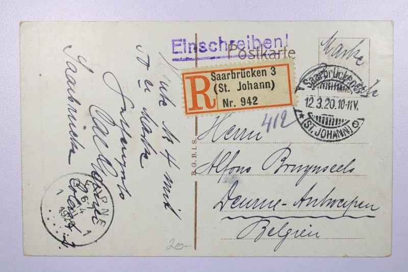 Germany SAARE 1920 PPC Registered to Belgium - L39430