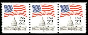 US #2115 22c Flag, Plate Strip of 3, Plate 14, VF/XF mint never hinged, VERY ...