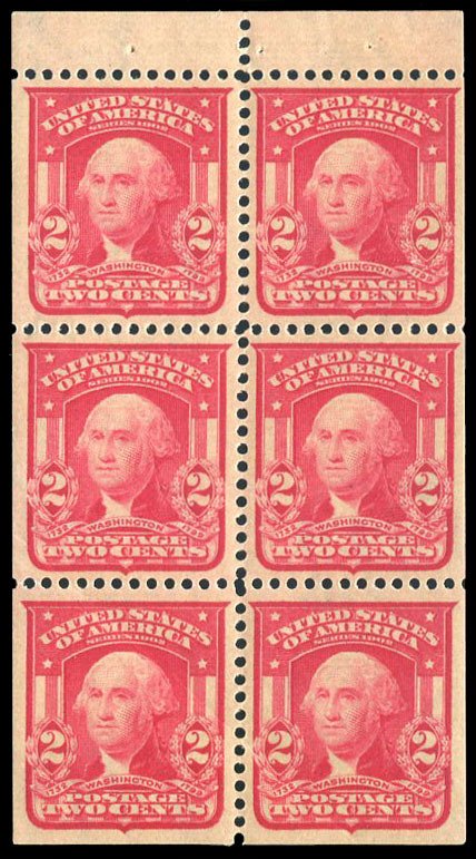 United States, 1904-9 #319 Cat$180, 1904 2c carmine, booklet pane of six, lig...