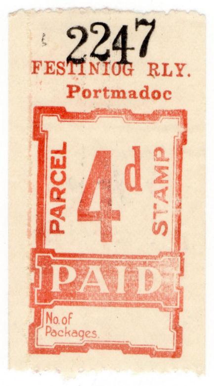 (I.B) Festiniog Railway : Parcel Stamp 4d (Portmadoc)