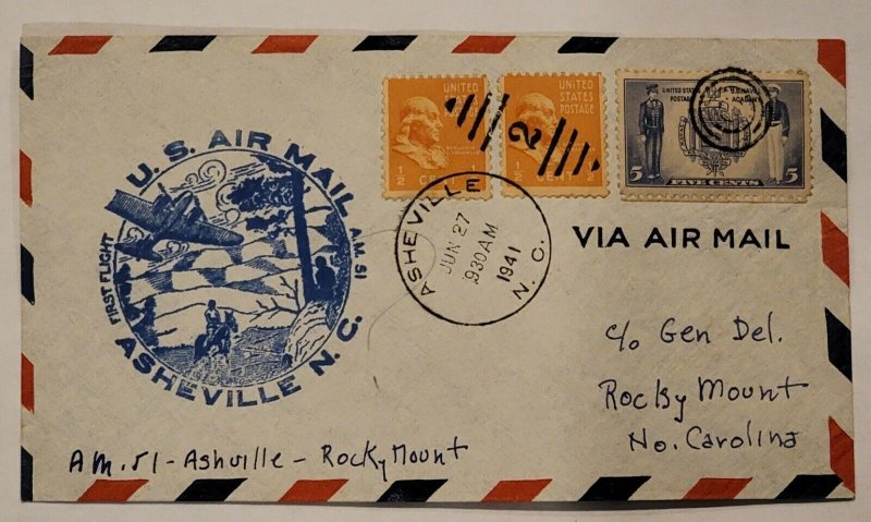 C.1941 Asheville NC First Flight Cover Fancy Cancel Naval  Multi Stamp unsealed