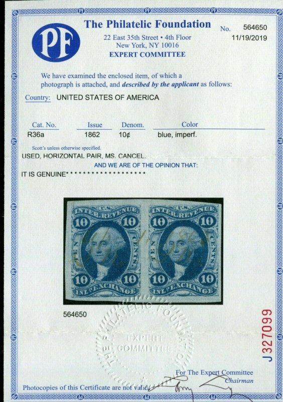 Scott R36a Inland Exchange Imperf Revenue Pair of 2 Stamps w/PF Cert (R36-PF1)