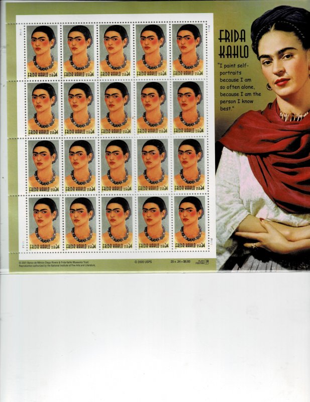 FRida Kahlo Painter 34c US Postage Sheet #3509 VF MNH